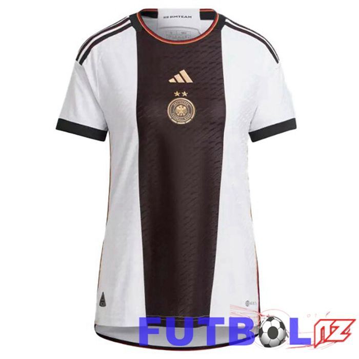 Camiseta Alemania Mujer Primera Negro Blanco Copa del mundo 2022