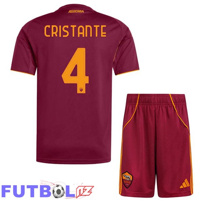 Camisetas De Futbol AS Roma (CRISTANTE 4) Ninos Primera Rojo 2025/2026