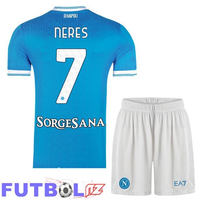 Camisetas De Futbol SSC Napoli (David Neres 7) Ninos Primera Azul 2025/2026