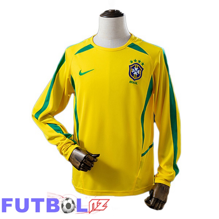 Camisetas De Futbol Brasil Retro Primera Manga Larga Amarillo 2002