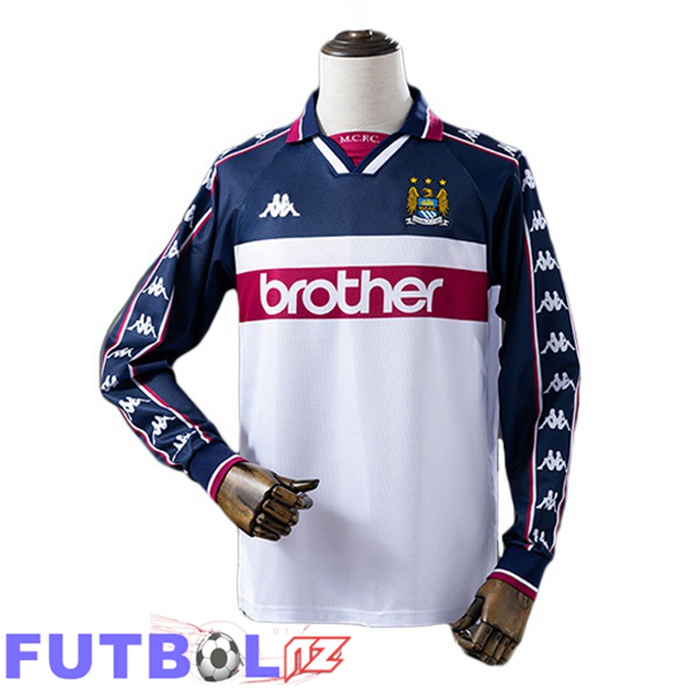 Camiseta Manchester City Retro Segunda Manga Larga Blanco Azul Real 1997-1998