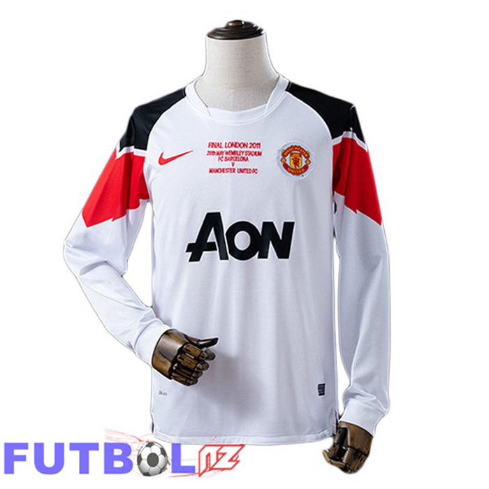 Camiseta Man United Retro Segunda Champions League Manga Larga Blanco 2010-2011