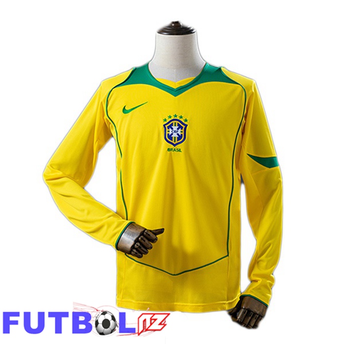 Camisetas De Futbol Brasil Retro Primera Manga Larga Amarillo 2004