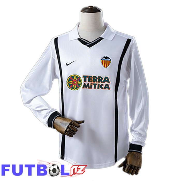 Camisetas De Futbol Valencia CF Retro Primera Manga Larga Blanco 2000-2001