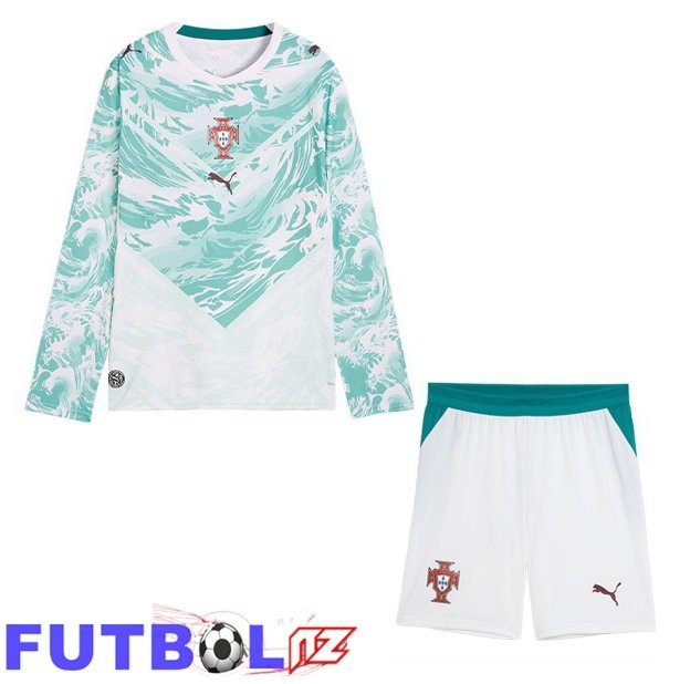 Camisetas De Futbol Portugal Ninos Segunda Manga Larga Verde Blanco Copa Del Mundo 2026