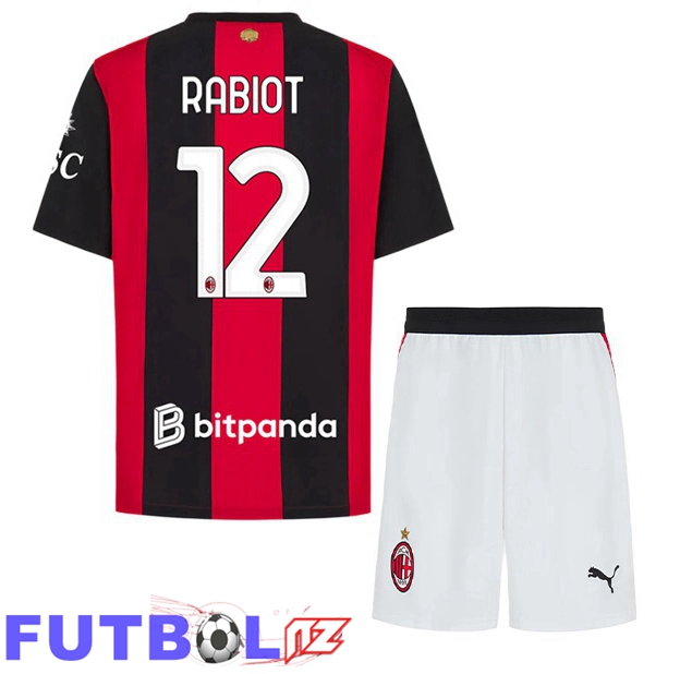 Camisetas De Futbol AC Milan (Rabiot 12) Ninos Primera Rojo Negro 2026/2027
