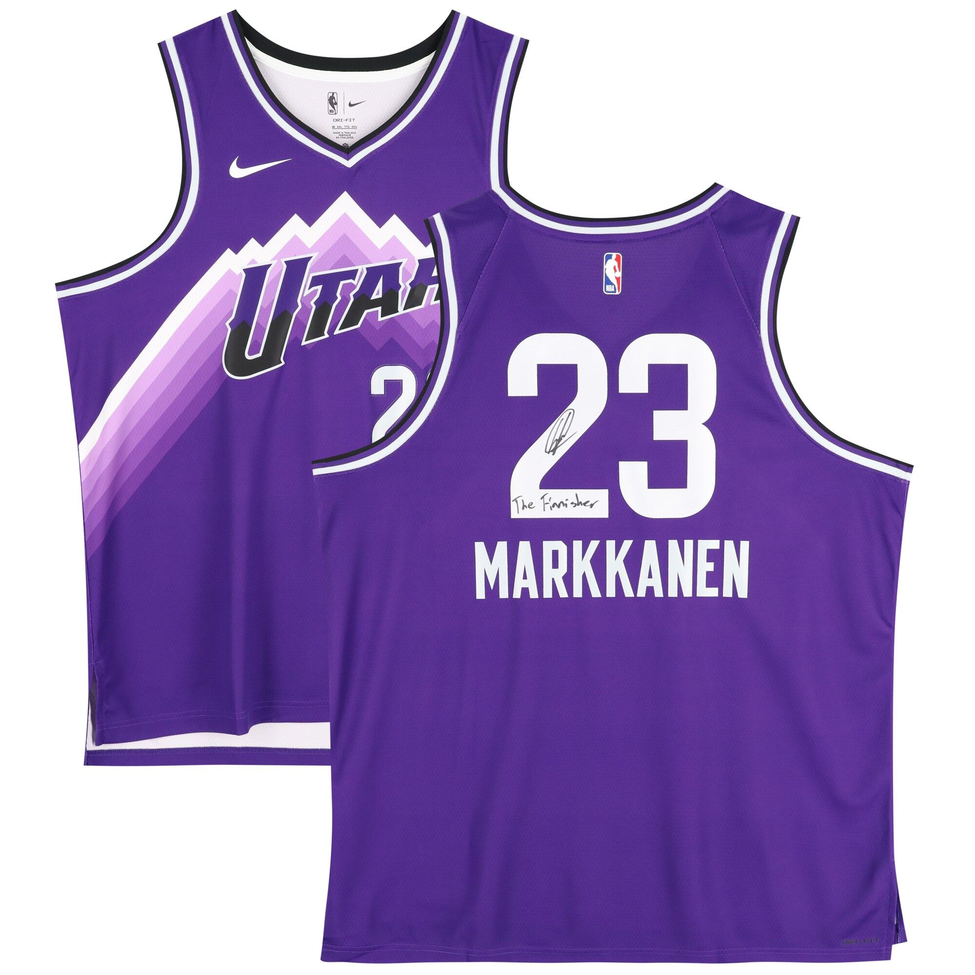 Camiseta Nike City Swingman Púrpura 2023-34 autografata da Lauri Markkanen degli Utah Jazz con dedica "The Finnisher"