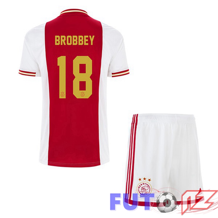 Camiseta AFC Ajax (Brobbey 18) Ninos Primera Blanco Rojo 22/23