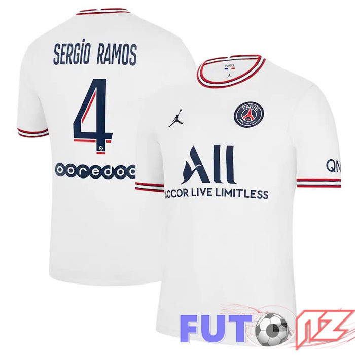 Camiseta Jordan Paris PSG (Sergio Ramos 4) Mujer Cuatro Blanco 2021/2022