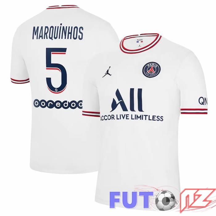 Camiseta Jordan Paris PSG (Marquinhos 5) Mujer Cuatro Blanco 2021/2022